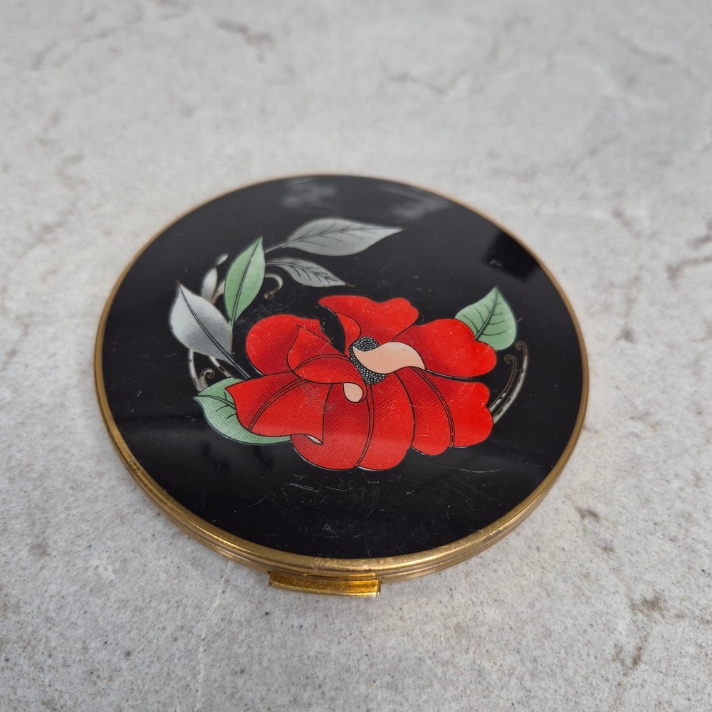 Stratton Powder Compact Vintage Floral Enamel OS Black Gold Red